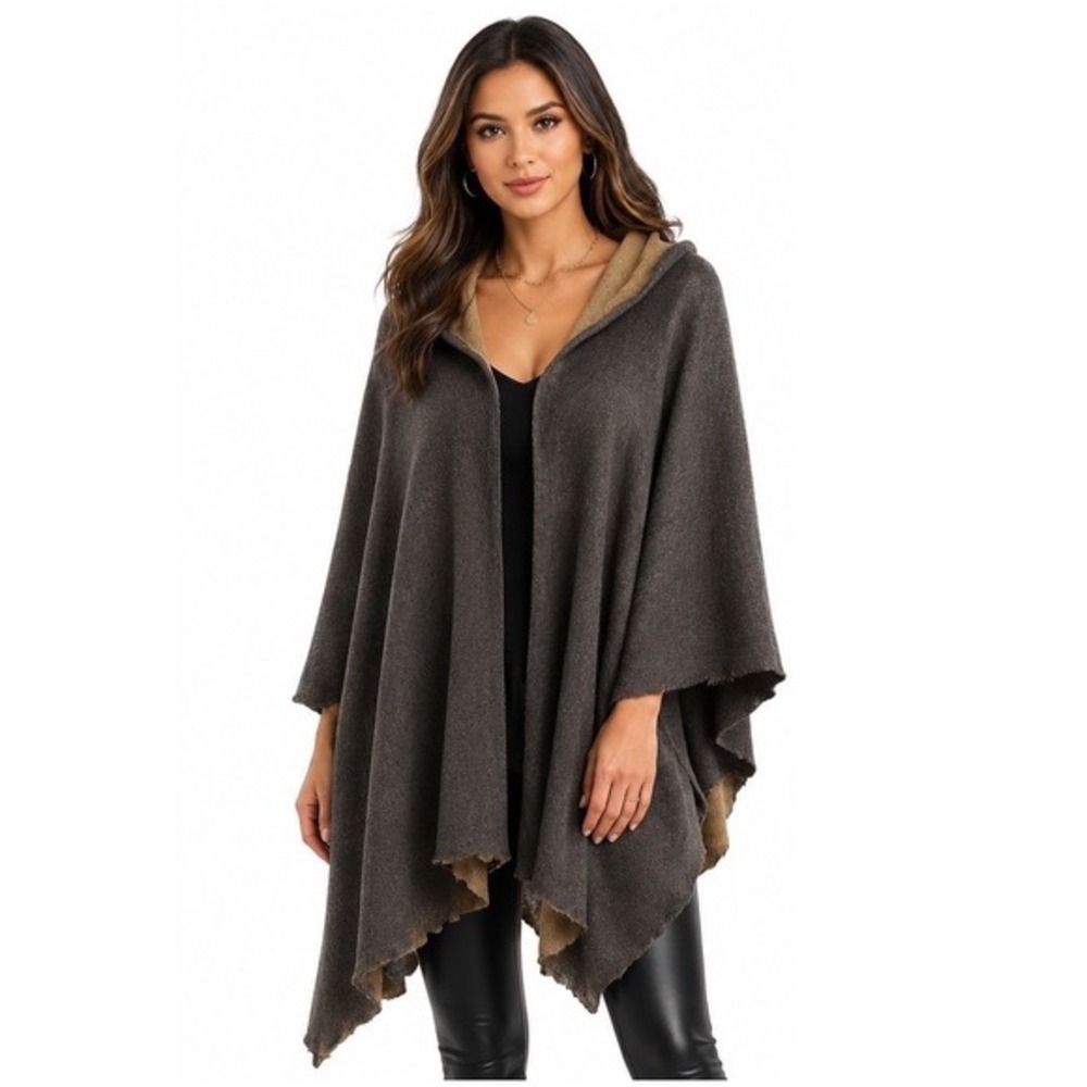 Accessory St New York Hooded Knit Poncho Brown Tan Open Front Wrap OS Chic 63-15